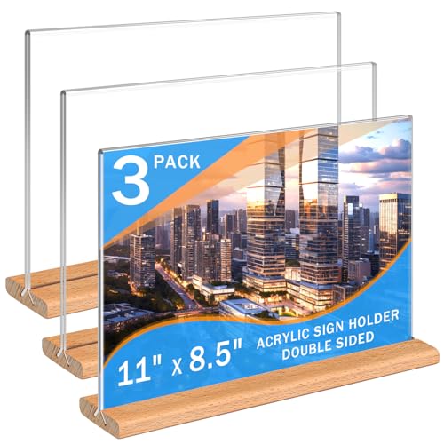 Kersally Acrylic Sign Holder 11 x 8.5'', 3 Pack Double-Sided Clear Table Display Stands with Wood Base,Horizontal Acrylic Frame Menu Flyer Paper Holder for Store, Restaurant, Hotel, Office, Show Fair