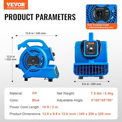 VEVOR Floor Blower, 1360 RPM 600 CFM, Air Mover for Drying and Cooling, Portable Carpet Dryer Fan with 4 Blowing Angles,3-Speeds Adjustment, for Janitorial, Home, Plumbing, Commercial Use - size: 600 CFM (3-Speed)
