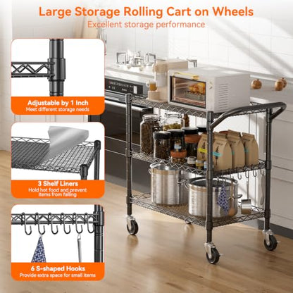 NTE 3 Tier Heavy Duty Utility Cart on Wheels, 990Lbs Rolling Wire Cart - color: Black