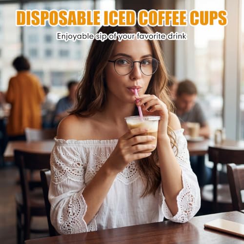 Ziliny 50 Pack 10 oz Plastic Cups with Lids Straws Iced Coffee, Pink - color: Pink, size: 10 oz