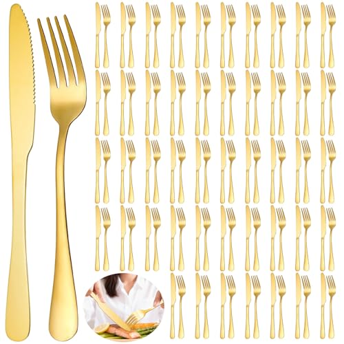 100 Pcs Gold Silverware Set - Includes 50 Forks and 50 Knives - Stainless Steel Forks and Knives Flatware Tableware Cutlery Set for Wedding Dinner Party Restaurant Holiday Party