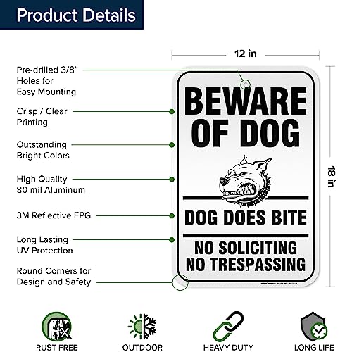 Beware of Dog, Dog Does Bite No Soliciting No Trespassing Sign, 12x18 - size: 12x18 - Aluminum Reflective