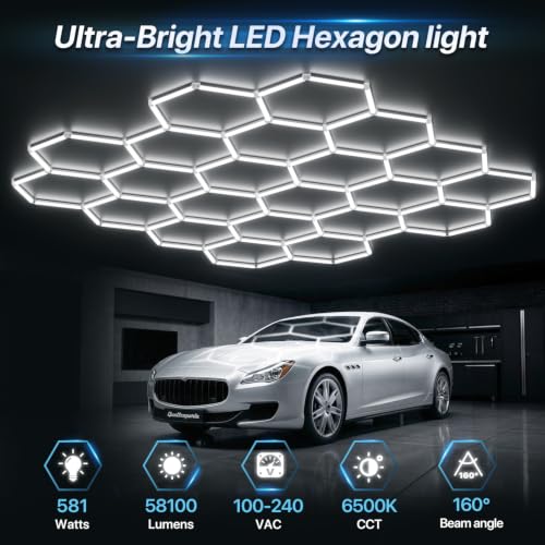 HYPERLITE Gen II Hexagon Garage Lights: 581W 58100LM 22 Grids Hexagon Led Light, 6500K Ultra Bright Honeycomb Hex Lights, Easy Install for Garage, Workshops, Shops, Gym - size: 22 HEX