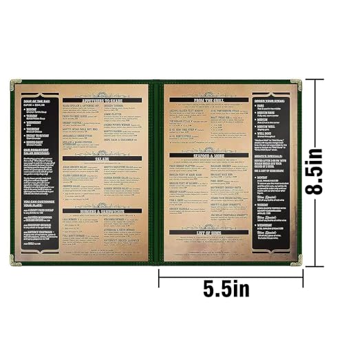 Goodsmart Restaurant Menu Covers – 25 Pack Green 4-View, Side-Loading Menu Holders, Vinyl & Plastic Café Menu Covers, Clear Menu Sleeves, Fits 5.5" x 8.5", Leather-Style Design, Gold Corners - color: Green, size: 2 Pages / 4 Views - 5.5" x 8.5"