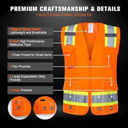 ProtectX High Visibility ANSI Class 2 Safety Vest with 7 Pockets - color: Orange, size: Small