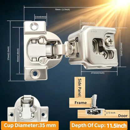 Soft‑Close 1‑1/2" Overlay Cabinet Hinges, 105 Degree 3D Adjustable Concealed Hinges, Satin Nickel Finish, for Face Frame Kitchen Cabinet Doors, 2‑Pack (1 Pair) - size: 1-1/2inch Overlay