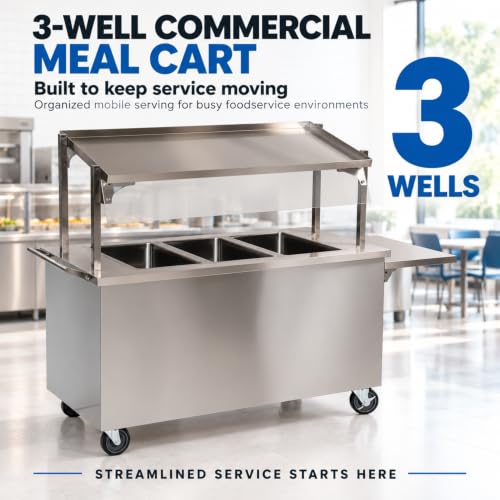 Commercial Meal Cart, 3-Well Stainless Steel, 78”W x 26”D x 58 3/4”H