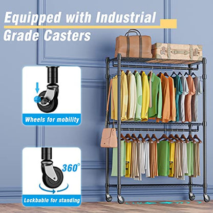Homdox Double Rod Closet 3 Shelves Wire Shelving Clothing Rolling Rack Heavy Duty Garment Rack with Wheels and Side Hooks - color: Black, size: 17.72"D x 47.24"W x 80.71"H