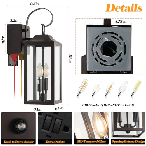 19 Inch Brown Dusk to Dawn Porch Lights with GFCI Outlet Built-in - color: Brown, size: 19 Inch Dusk to Dawn