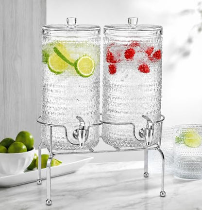 2 PACK-1 Gallon Glass Drink Dispensers for Parties, Hobnail Drink Dispenser, Beverage Dispenser with Stand and Glass Lid, 100% Leakproof Spigot, Perfect For Parties And Daily Use - color: Hobnail Clear-1 Gallon 2-PACK