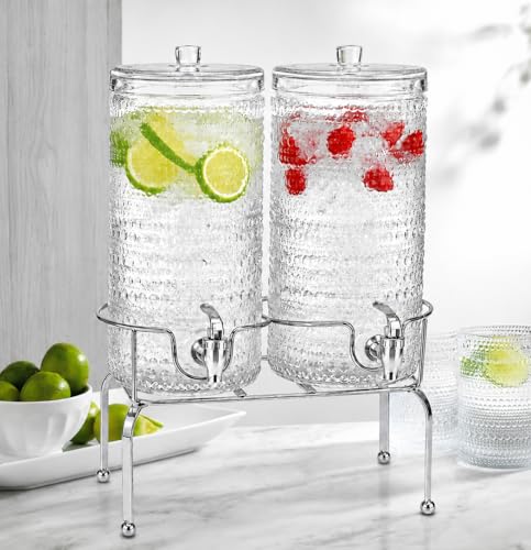 2 PACK-1 Gallon Glass Drink Dispensers for Parties, Hobnail Drink Dispenser, Beverage Dispenser with Stand and Glass Lid, 100% Leakproof Spigot, Perfect For Parties And Daily Use - color: Hobnail Clear-1 Gallon 2-PACK