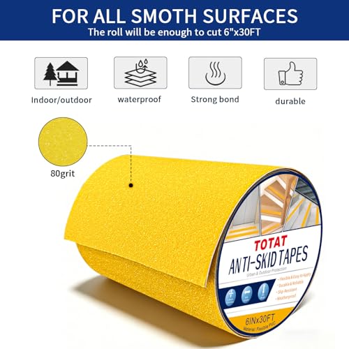 Anti-Slip Tape 6" x30FT Yellow PVC Safety Traction Tape for Stairs, Steps, Ramps, Bathtubs - Indoor & Outdoor Grip Adhesive - color: Yellow, size: 6 Inch