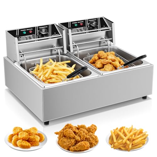 Commercial Deep Fryer, 3400W Electric Countertop Fryer with 2 Baskets & Lids, 22.8QT Dual Tank Stainless Steel Deep Fryer for Restaurant, Food Truck, Party