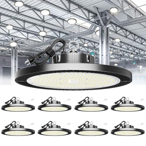 ELEKICO High Bay LED Shop Lights 200W 8 Pack with Plug 5' Cord Safety Rope Hook, Super Bright 28000lm 5000K UFO LED High Bay Light Lighting Lamp for Warehouse Workshop Factory Barn Garage Gym - size: 200W-8-PACK