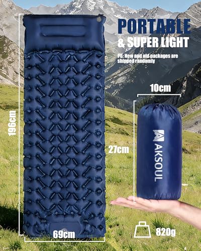 AKSOUL Sleeping Pad for Camping Mat: Self-Inflating Ultralight & Compact Air Mattress Lightweight Inflatable Pad for Camping Hiking Backpacking Blue - color: Navy Blue