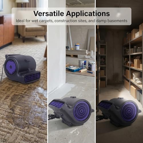 1/2 HP Air Mover Floor Blower Fan, 6000 CFM Carpet Dryer with Copper Motor, 3 Speed Dial Control, Carry Handle, Wide Outlet, Multi Angle Ventilation for Basement Garage Workshop Jobsite
