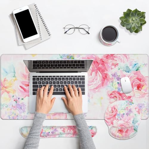 Arttown Keyboard Mouse Pad Set, 4 in 1 Desk Mat Set Watercolor Flower - color: Pink Floral