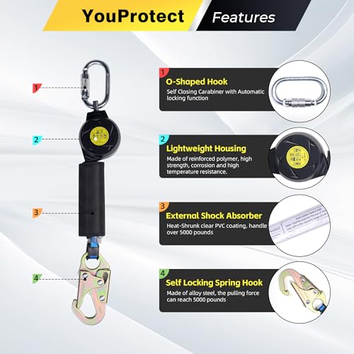 6FT Self Retracting Lifeline Fall Protection Retractable Lanyard, Fall Arrest Safety Yoyo for Construction Industrial - OSHA/ANSI Compliant (Small Hook) - color: Small Hook, size: 6FT