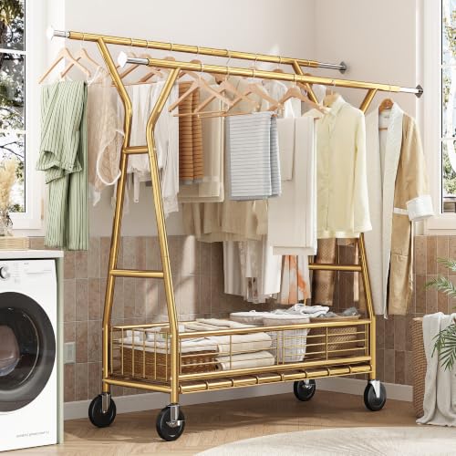 Raybee Gold Clothing Rack, 630LBS, Double Rods with Storage Basket - color: Gold, style: Double Rods