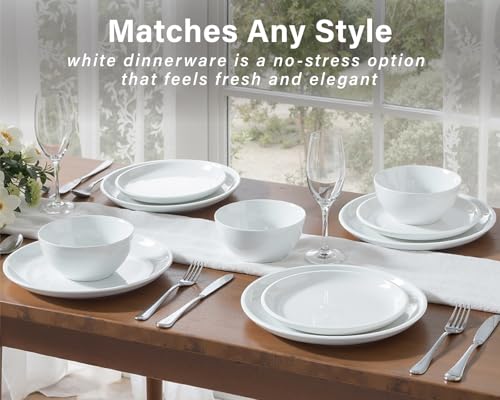ONEMORE Plates and Bowls Set 12 Pcs,Stoneware Dinnerware Sets for 4 Microwavable,Oven & Dishwasher Safe Porcelain,Scratch Resistant Dishes Set,White - color: White