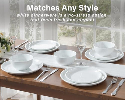 ONEMORE Plates and Bowls Set 12 Pcs,Stoneware Dinnerware Sets for 4 Microwavable,Oven & Dishwasher Safe Porcelain,Scratch Resistant Dishes Set,White - color: White