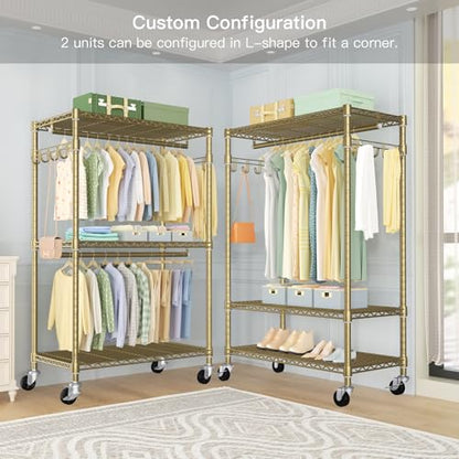 FUTASSI P1 Rolling Clothes Rack, Metal Garment Closet Organizer with Wheels - color: Gold, size: P1