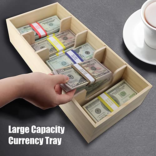 Wooden Currency Money Cash Tray With 300 Currency Wrappers, 5 Compartment Wooden Cash Money Currency Organizer Storage Change Box Case for Cash, Moneyboxes Currency Holder Cash for Money