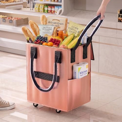 Reusable Grocery Bag on Wheel, Foldable Shopping Cart with Wheels, Can Carry up to 67 Pounds, Suitable for Groceries, Laundry, Camping and Moving. (Rose Gold - Medium) - color: Rose Gold - Medium