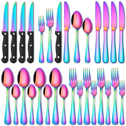 EUIRIO 24 Piece Rainbow Silverware Set with Steak Knives Stainless Steel Flatware Set for 4 Cutlery Utensil Set Mirror Polished Dishwasher Safe for Home Restaurant - color: Rainbow