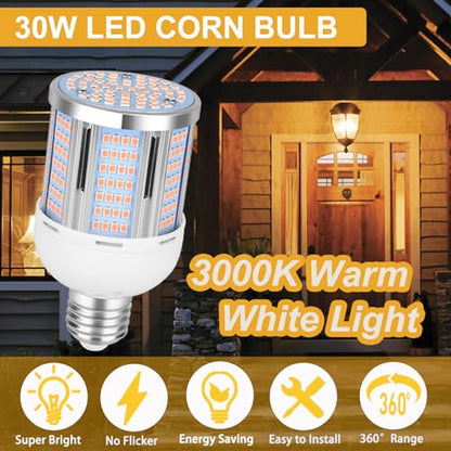 30W LED Corn Light Bulb 3000 Lumen Led Corn Bulb 3000K Warm White E26/E27 Base LED Light Bulb for Home Garage Lighting Garage Backyard Office Household