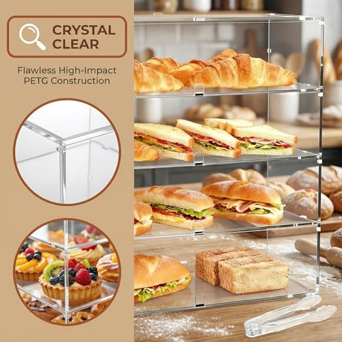 4-Tier Commercial Bakery Display Case, 19.68"x 19.29"x 10.23" Pastry Display Case Countertop Display Cabinet Box for Bread Dessert Food Cookie Baking