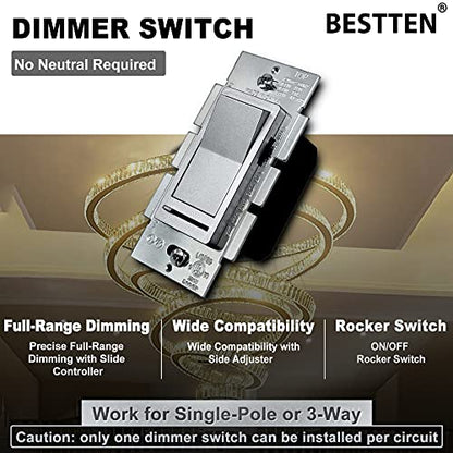 BESTTEN 5 Pack Matte Silver Dimmer Light Switch, Single Pole or 3-Way - color: Matte Silver