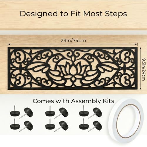 YOUEON 4 Pcs Rubber Stair Treads Non-Slip for Indoor & Outdoor Stairs, 29 x 9.5 Inch Heavy Duty Decorative Step Mats with Assembly Kits, Weather Resistant, Easy to Clean, Lotus Cutout, Black