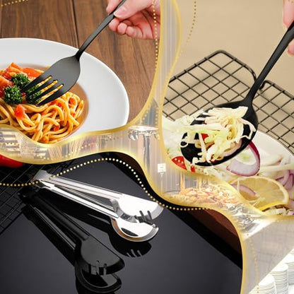Serving Utensils Set, 24-Piece Large Stainless Steel Serving Spoons and Forks for BBQ, Buffets, Catering, Parties, Weddings, Restaurants - Black - color: Black