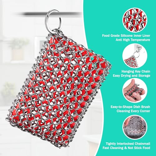 HAUSHOF Cast Iron Scrubber, Chainmail Scrubber Cast Iron Cleaner - color: Red