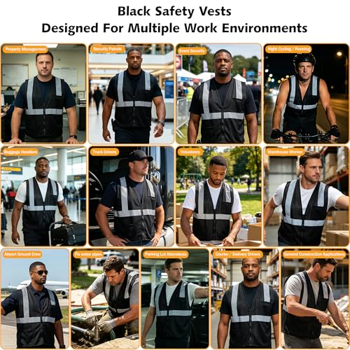 AYKRM 2 Pocket Mesh High Visibility Reflective Safety Vest for men & Women ANSI/ISEA 107 Standards - color: Black, size: X-Small