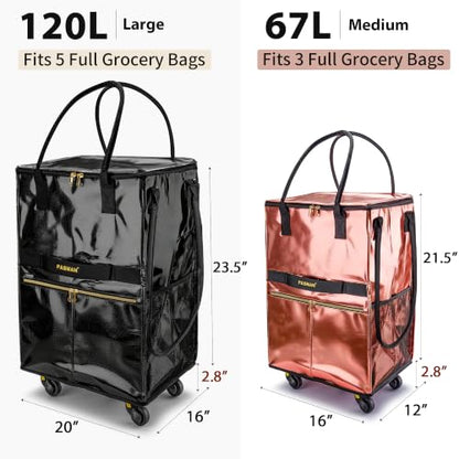 PASMAN Reusable Foldable Rolling Grocery Bag on 5 Wheels,Medium, Rose Gold - color: Rose Gold, size: Medium