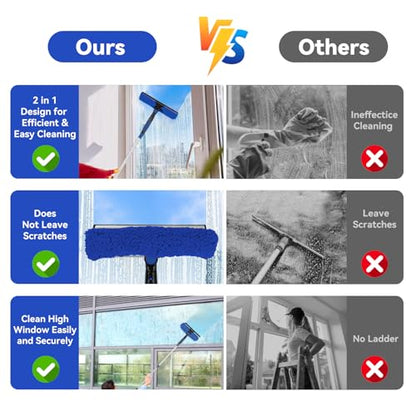 Window Squeegee Tool with Extension Pole: 20+ Feet Microfiber Scrubber Window Cleaning Kit for Rv Truck Bus Car Windshield - 3 to 14 Ft Spliceable Extendable Long Duster for High Outside Solar Panel - color: Blue