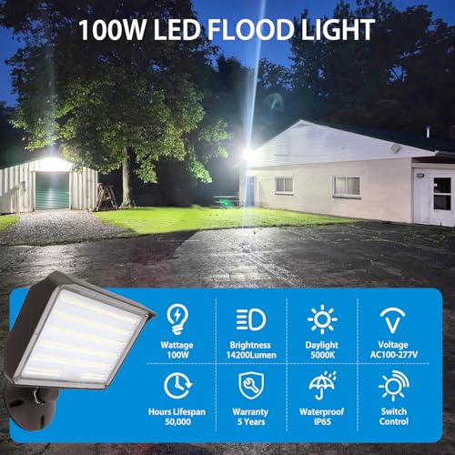 100W LED Flood Light Outdoor Knuckle, Switch Controlled Floodlight with Plate,5000K 14200Lm IP65 Waterproof Outdoor Security Lights for Yard Garden Garage,ETL Listed