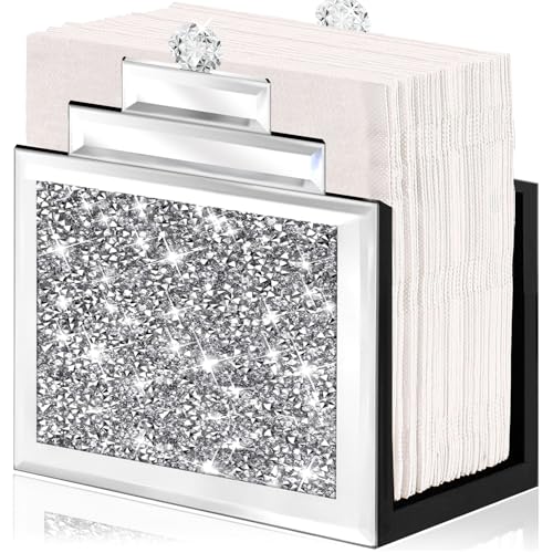 Wocred Mirror Napkin Holder,Crystal Crushed Diamond Vertical Holder,Cute Tissue Holder Holds Napkins Upright for Bathroom，Dining Table，Kitchen Table.(6.8”X5.9”X3”) - size: 6x3x6.8 inch