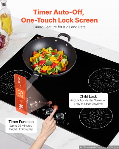 VEVOR Induction Cooktop 30inch 4 Burners Built-in Electric Stove 220V 7200W, Low-Power Continuous Heating, Induction Burner for Kitchen, with 11 Power Levels, Knob Control, and Child Lock - size: 30In -knob Control