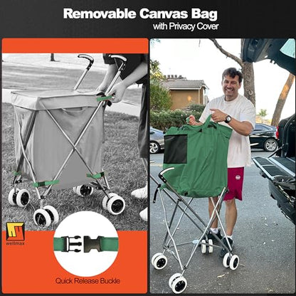 Wellmax Folding Shopping Cart with Canvas Bag & Cover, Holds 120 lb, Green - color: Green