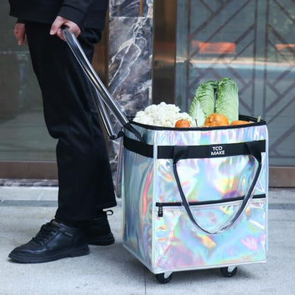 Small Phantom White Reusable Grocery Bag on Wheels, Folding Rolling Tote - color: Phantom White, size: Small