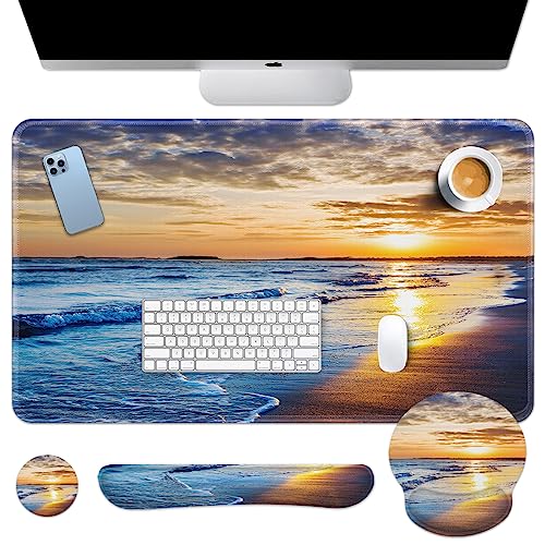 Arttown Keyboard Mouse Pad Set, 4 in 1 Desk Mat Set Ocean Beach Sunset - color: Beach Sunset