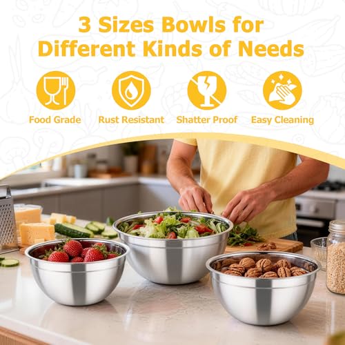 TeamFar Mixing Bowls, 4.5/3/1.5 QT Stainless Steel Nesting Salad Bowls - color: Multicolor