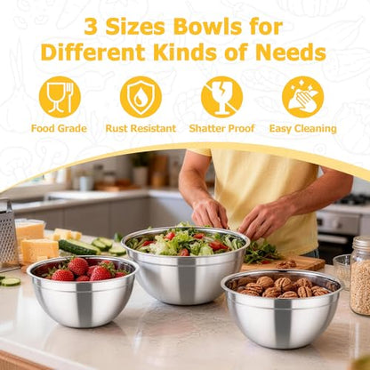 TeamFar Mixing Bowls, 4.5/3/1.5 QT Stainless Steel Nesting Salad Bowls - color: Multicolor