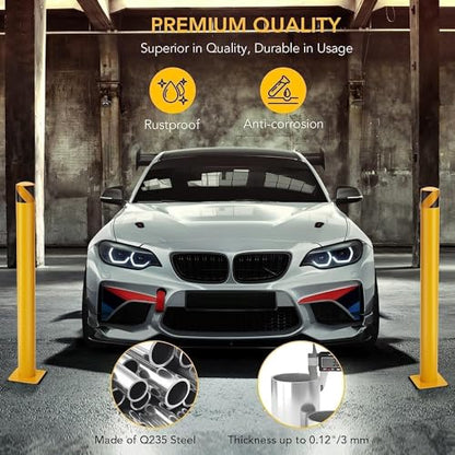 4-Pack Heavy Duty Safety Bollards, 42" Height, 4.5" Diameter Steel Pipe Bollard Post with 16 Anchor Bolts, High-Visibility Yellow Parking Bollard for Traffic Control, Warehouses, & Pedestrian Safety - size: 42 inch