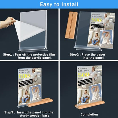 Kersally Acrylic Sign Holder 11 x 8.5'', 3 Pack Double-Sided Clear Table Display Stands with Wood Base,Horizontal Acrylic Frame Menu Flyer Paper Holder for Store, Restaurant, Hotel, Office, Show Fair