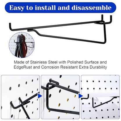 12 Pcs 8" Pegboard Shelf Hooks, 1/4" Peg Board Organizer Accessory Fits 1/4 Black Pegboard Organizer Accessories for Workbench, Garage, Craft Room, Retail Shop