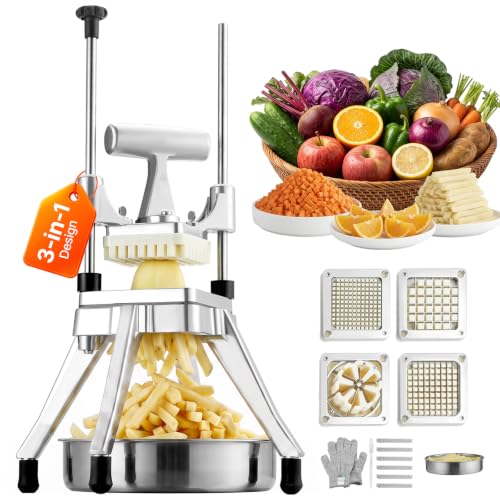 VEVOR Commercial Vegetable Fruit Chopper, Stainless Steel French Fry Cutter w/ 4 Blades 1/4" 3/8" 1/2", Vegetable Chopper Dicer w/Stainless Bowl, Heavy Duty Cutter for Potato Tomato Onion Mushroom - size: 1/4" + 3/8" + 1/2" + 6-Wedge Slicer